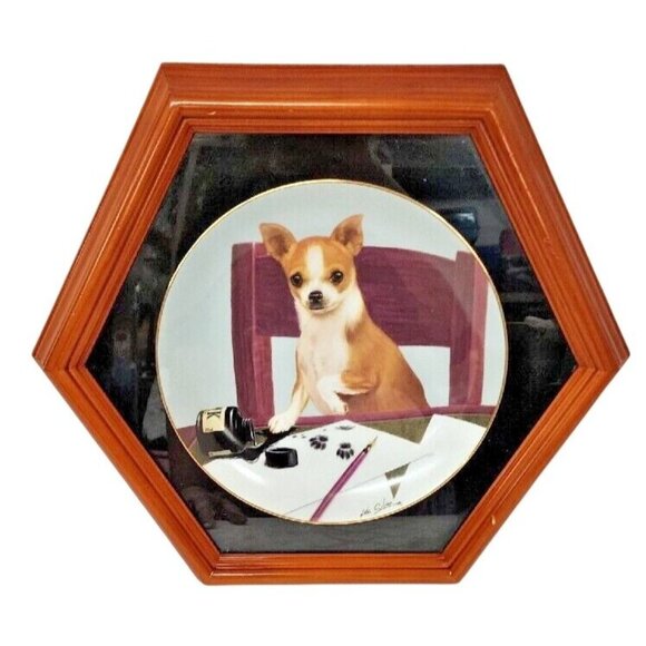 Hexagon Wood Framed Chihuahua Collector Plate By Ida Schmid - Picture 1 of 5